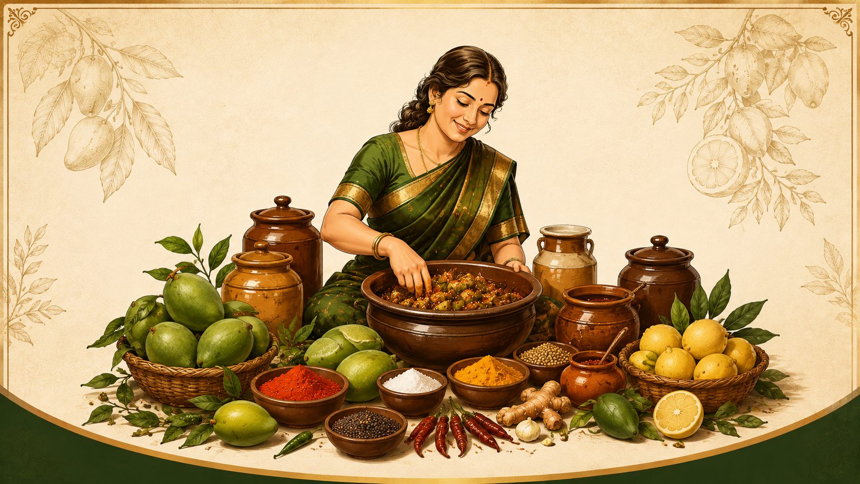 Illustration of a woman handcrafting traditional Indian pickles with mangoes, lemons and spices