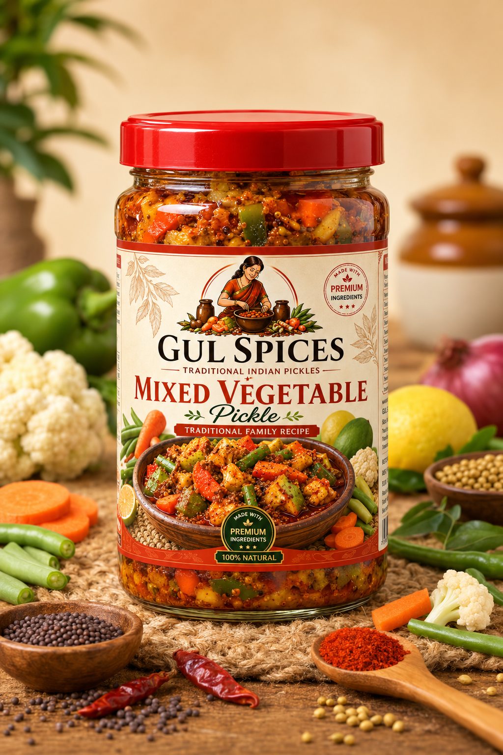 Glass jar of Mixed Vegetable Pickle with fresh vegetables and spices